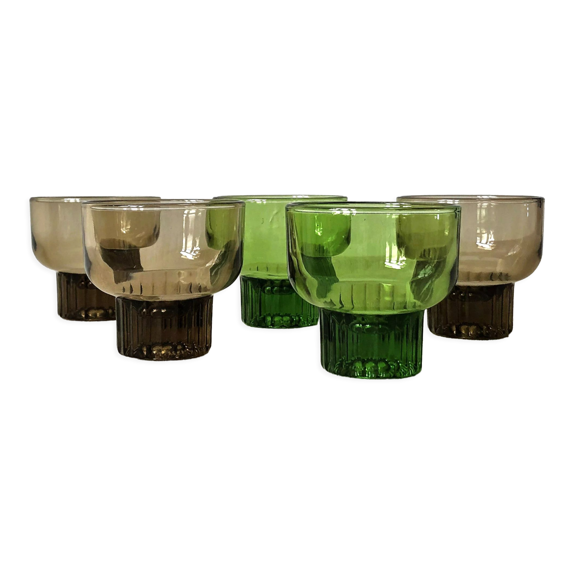 Shooters, translucent brown smoked and green shot glasses, ribbed foot