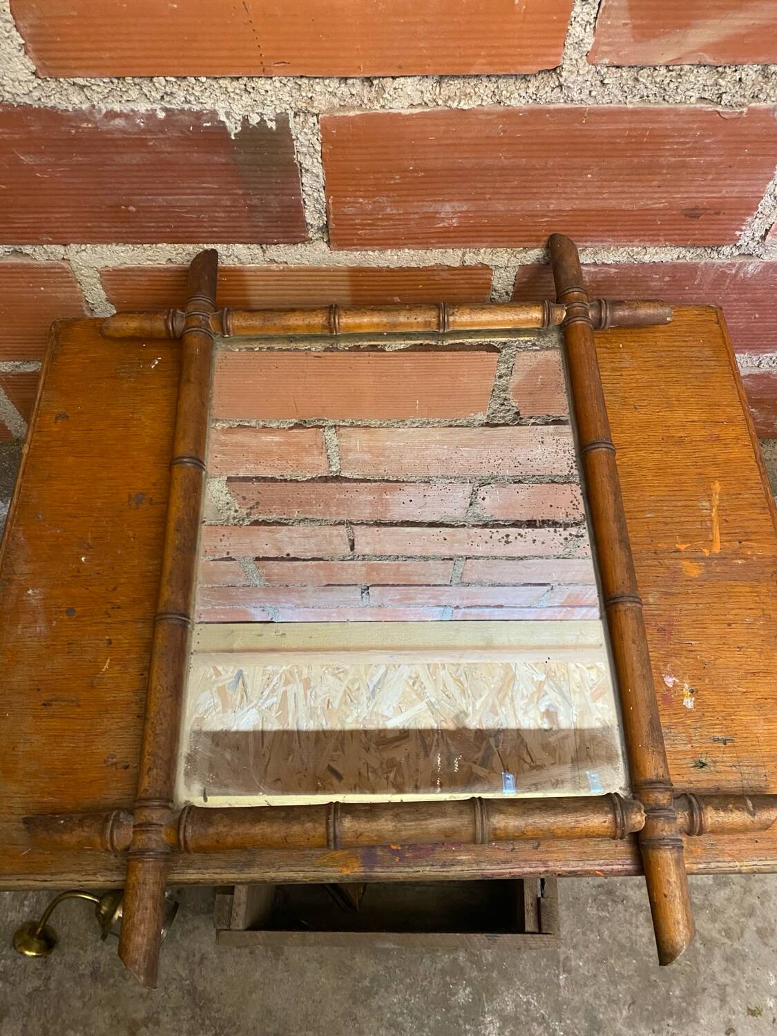 Antique mercury mirror with wooden frame and bamboo style vintage