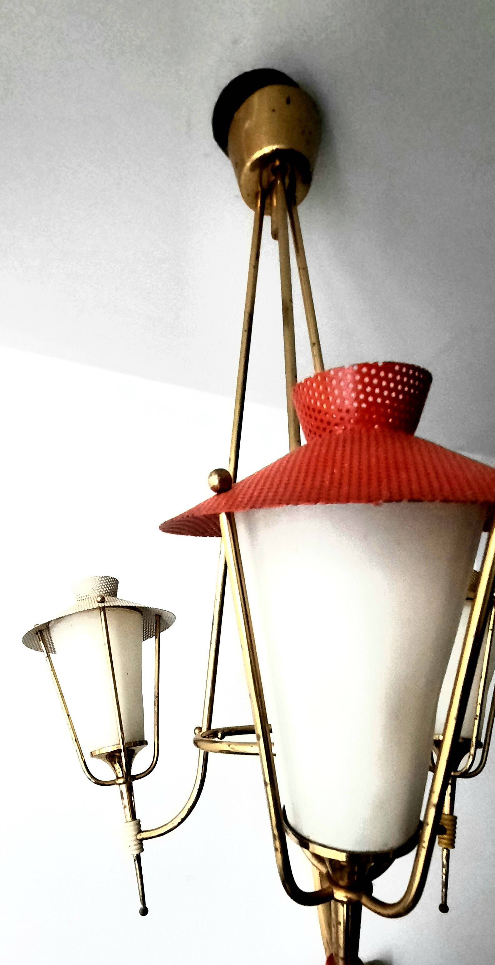 Three-arm pendant light in gilded brass and perforated metal by Maison Arlus Vintage from the 50s