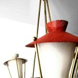 Three-arm pendant light in gilded brass and perforated metal by Maison Arlus Vintage from the 50s