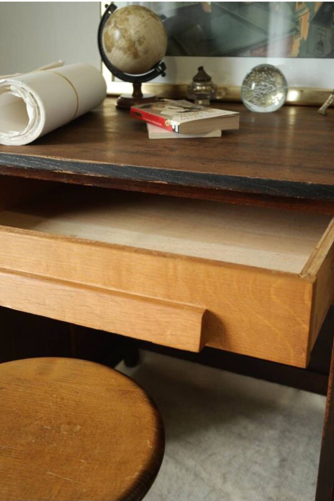 Vintage oak desk with its stool.