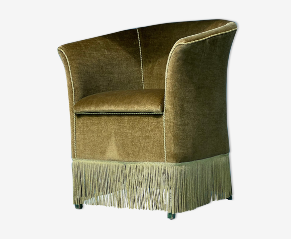 Olive green fringed armchair