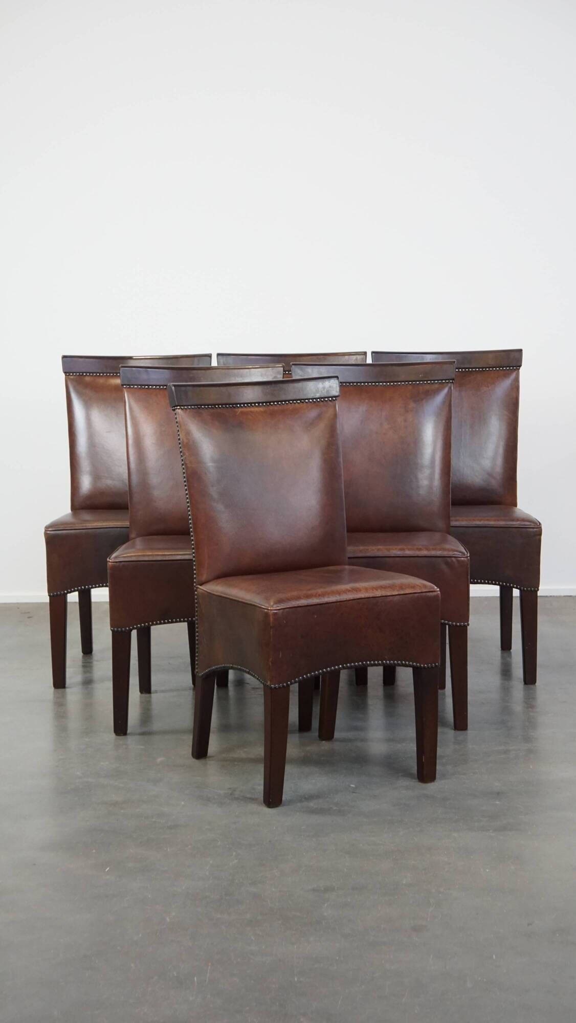 Set of 6 cognac-colored cowhide Art Deco design dining room chairs