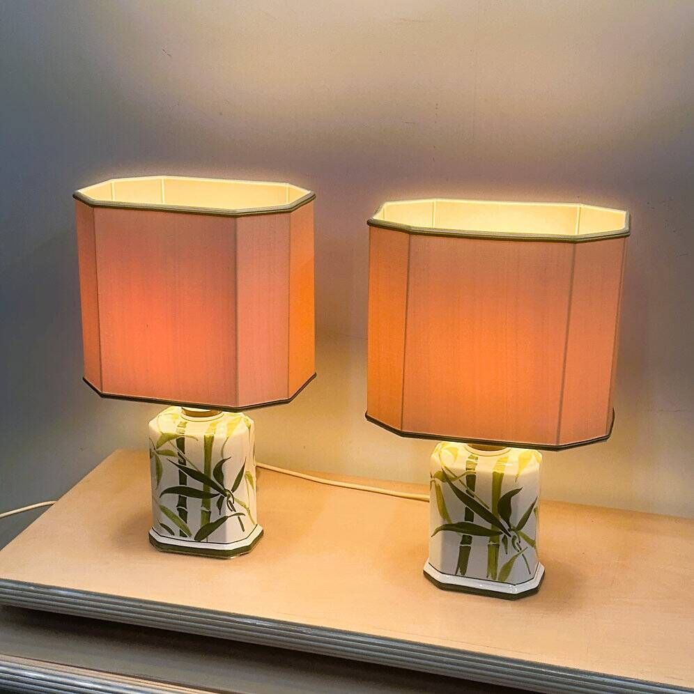 Pair of vintage bamboo ceramic table lamps with shades | Hand painted oriental style