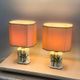 Pair of vintage bamboo ceramic table lamps with shades | Hand painted oriental style