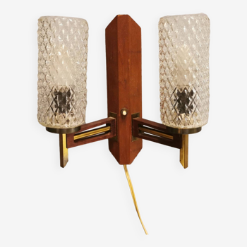 Danish double wall light in teak, brass and crystal glass.