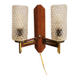 Danish double wall light in teak, brass and crystal glass.
