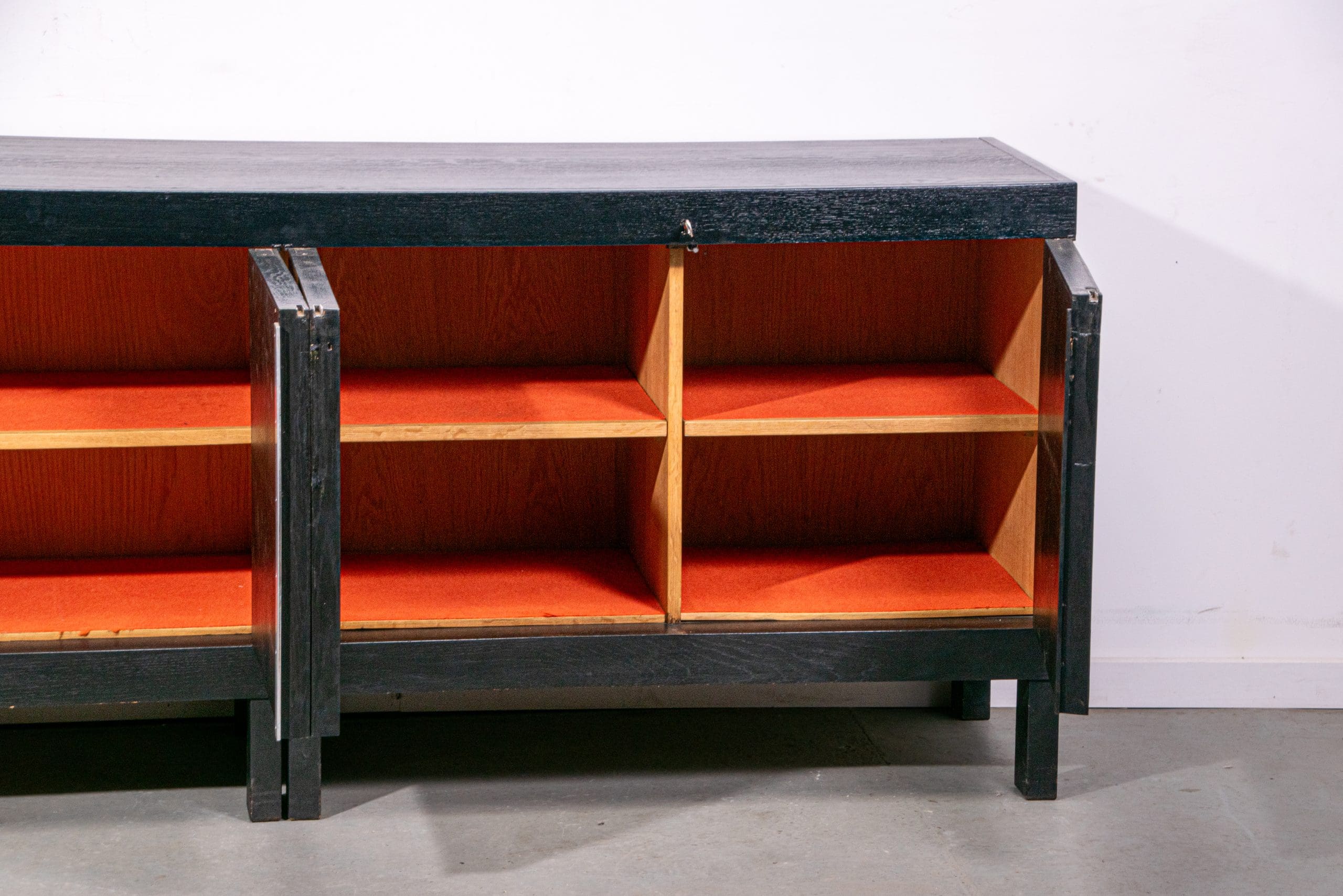 Black oak brutalist sideboard by Jean Batenburg with graphical doors for MI, Belgium