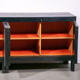 Black oak brutalist sideboard by Jean Batenburg with graphical doors for MI, Belgium