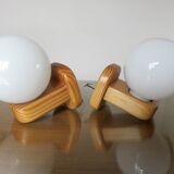 Pair of Scandinavian wall lights in pine and white opaline, 1980s.