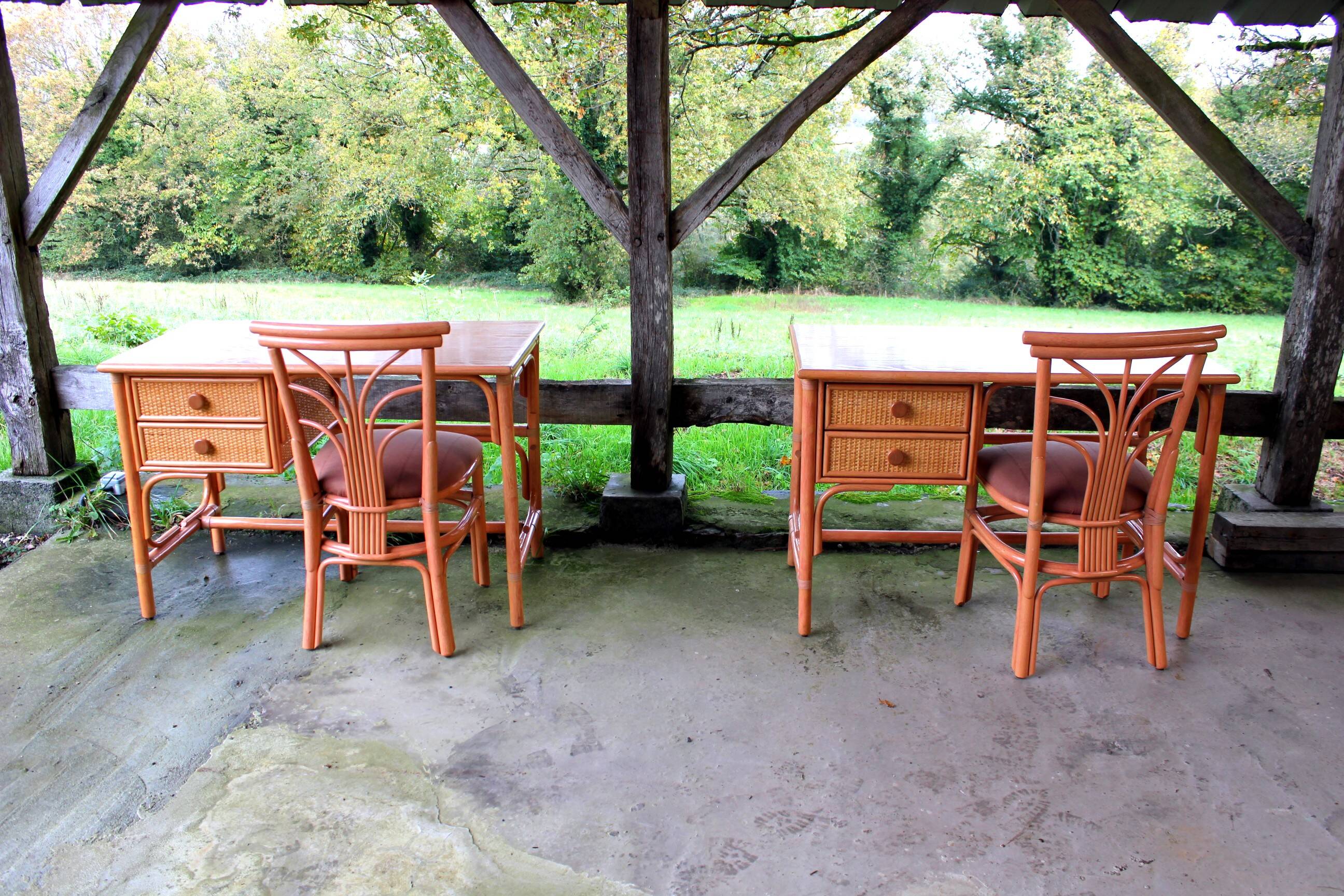 Rattan and beech desk and chair