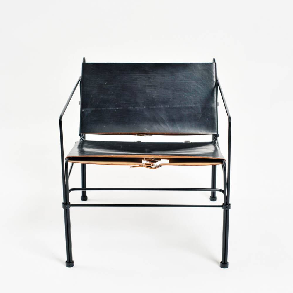 Black modernist design lounge set by Jan van Opzeeland in leather and steel bar, Netherlands, 1980s
