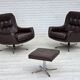 1970s, set of two swivel lounge chairs with footstool, leather.
