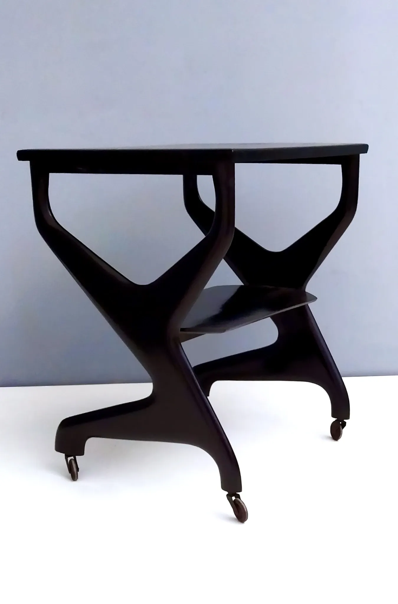 Vintage Black Ebonized Beech Serving Cart in the Style of Ico Parisi, Italy
