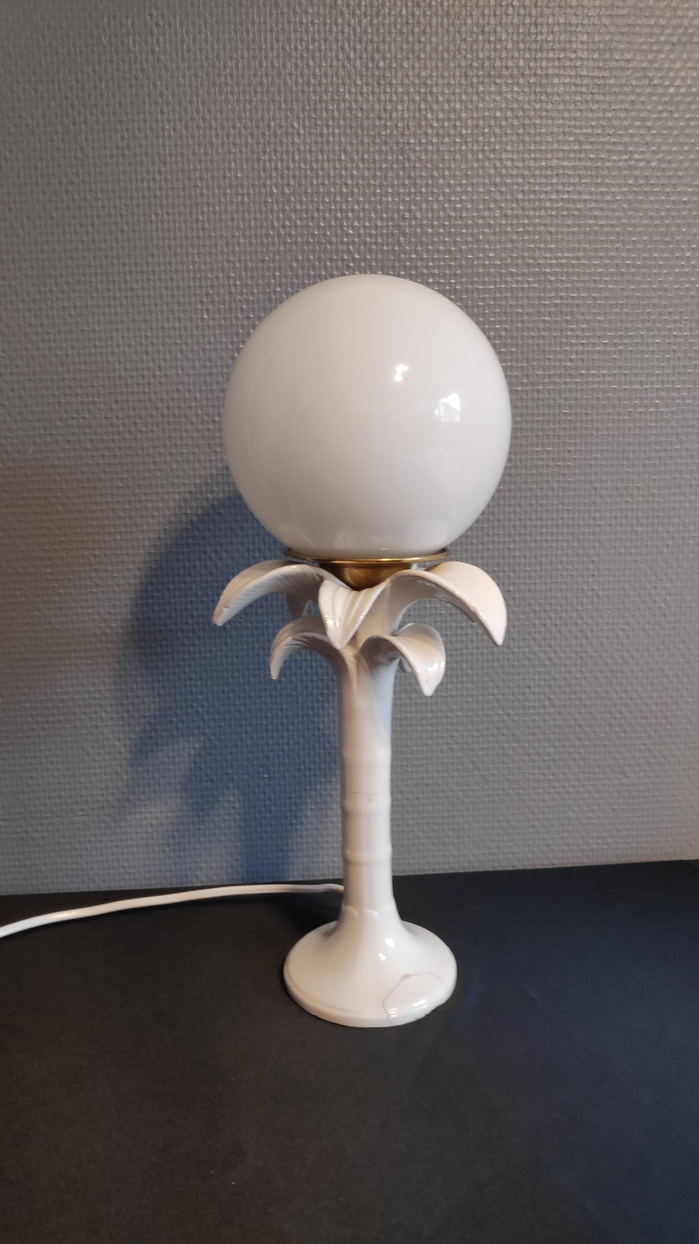 Italian white ceramic palm lamp and opaline globe