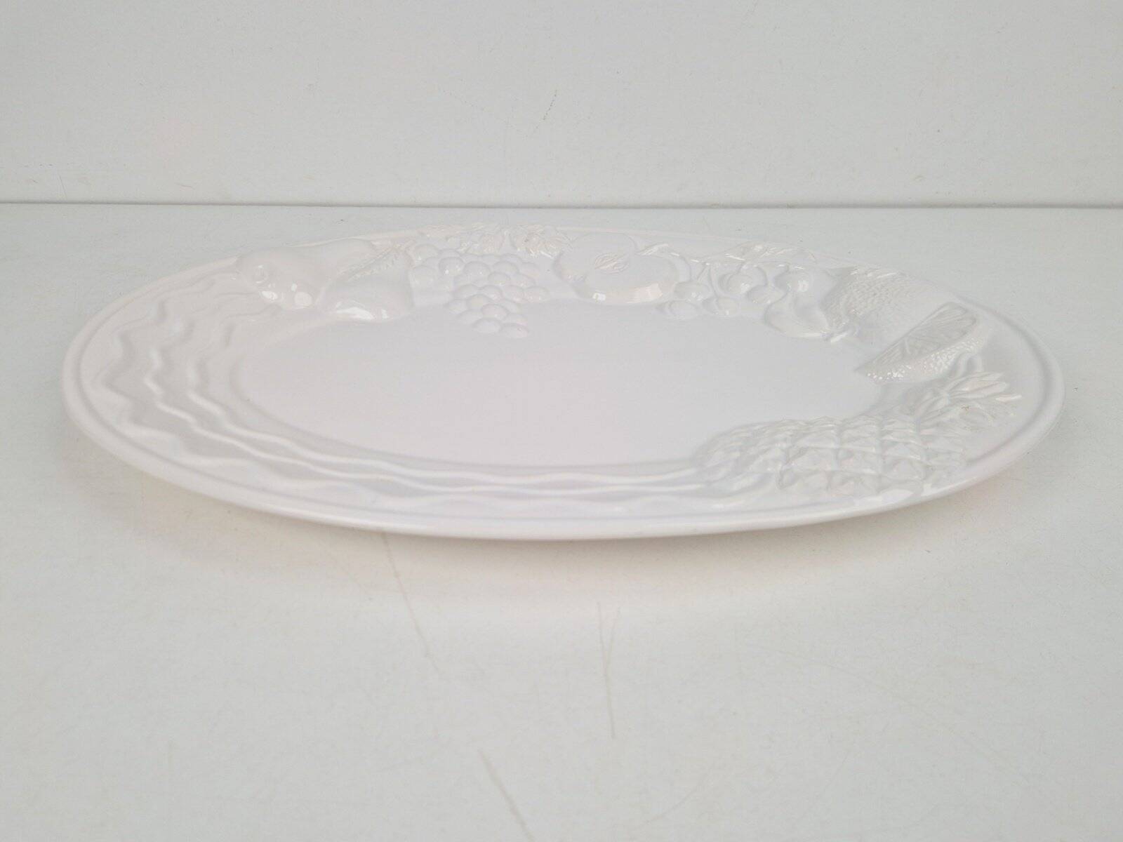 Vintage Large White Majolica Serving Bowl with Relief Fruits by A. Santos, Portugal, 1970s