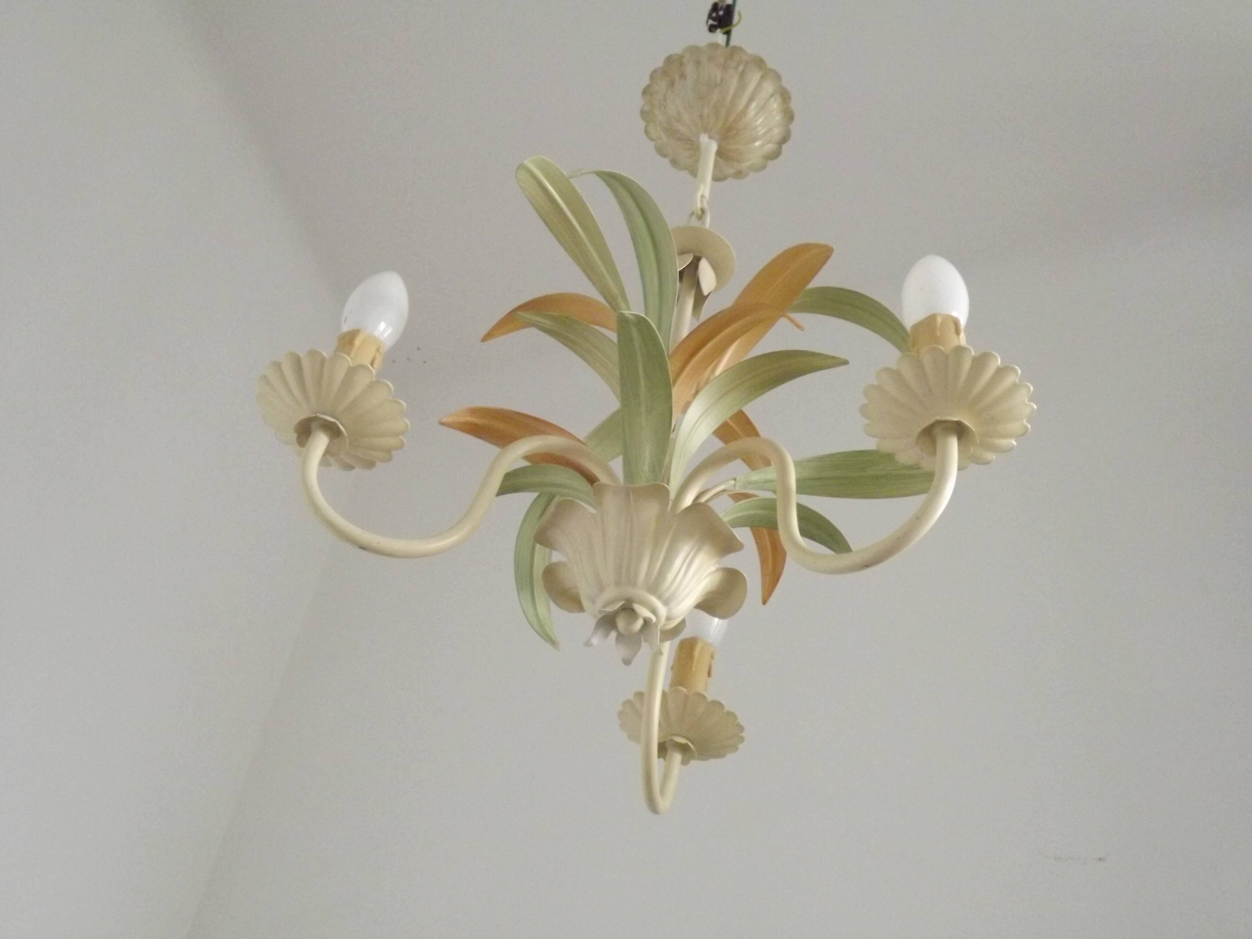 French Vintage Cream 3 Light Metal Chandelier Green and Peach Leaves