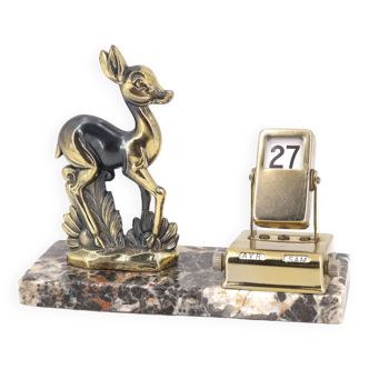 Art deco perpetual calendar paperweight with doe, 1930s