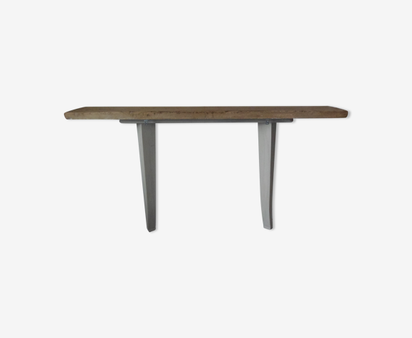 Console, desserte à fixer au mur patinée gris perle, plateau bois finition cirée.