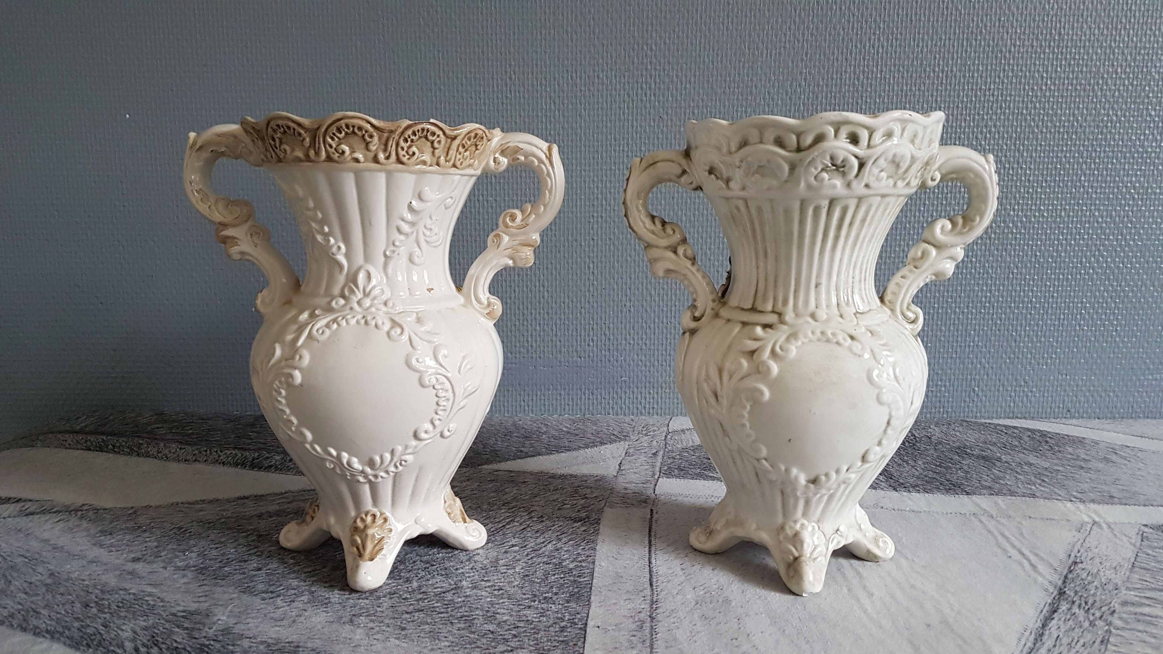 White dabbling vases with capodimonte porcelain floral decoration