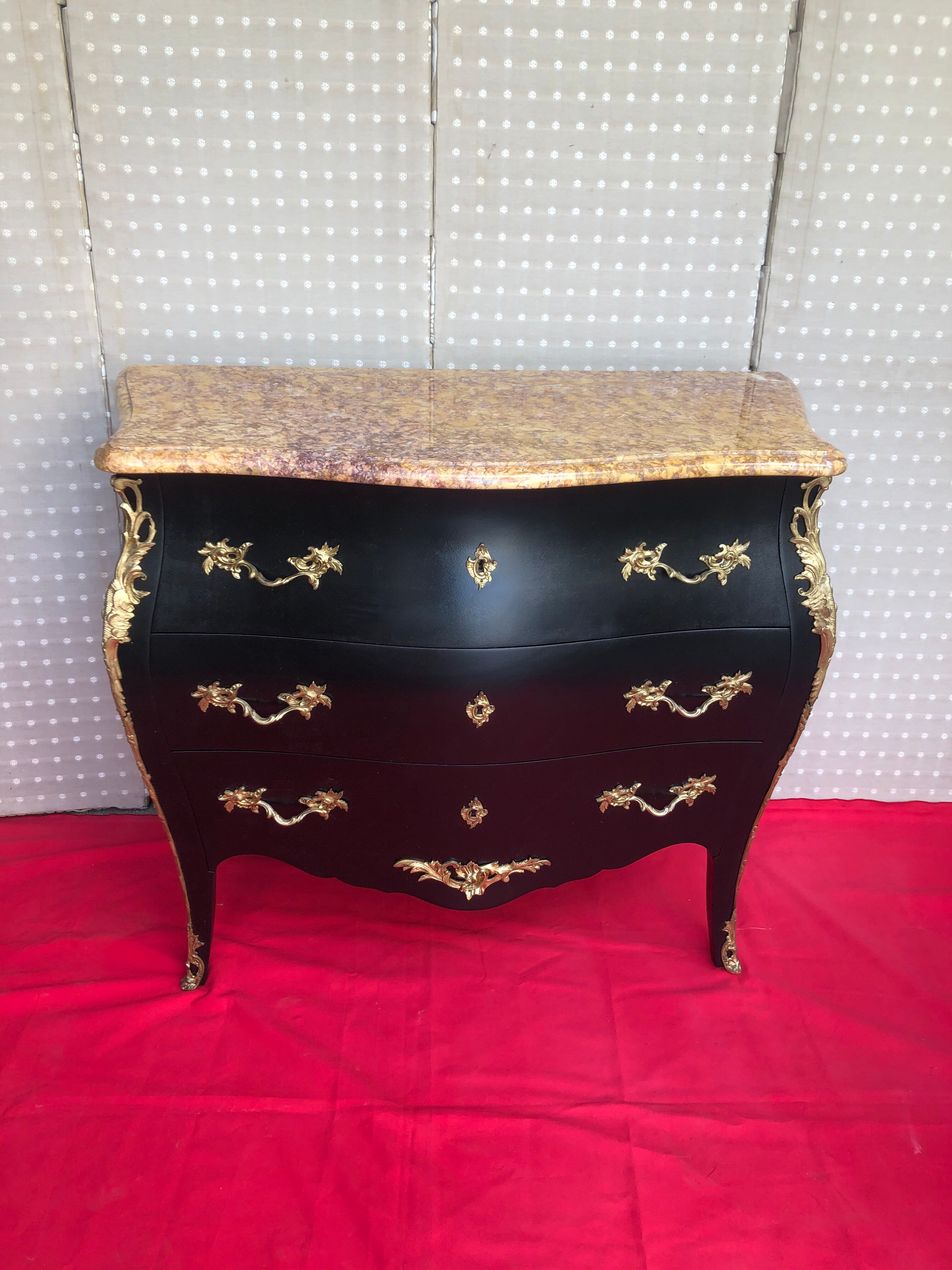 Curved dresser 3 drawers black patina Louis XV style