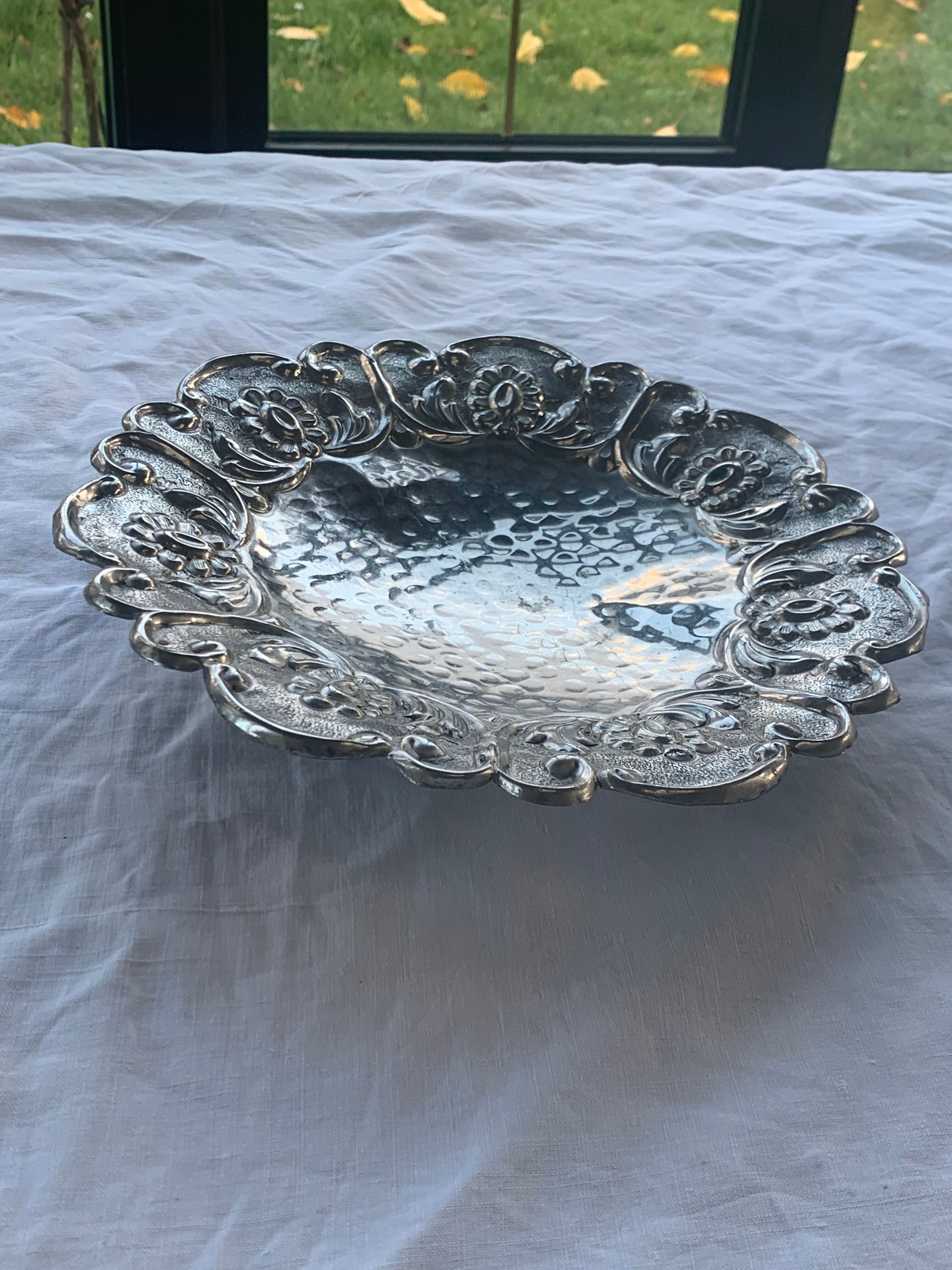 Hammered metal fruit cup vintage floral pattern