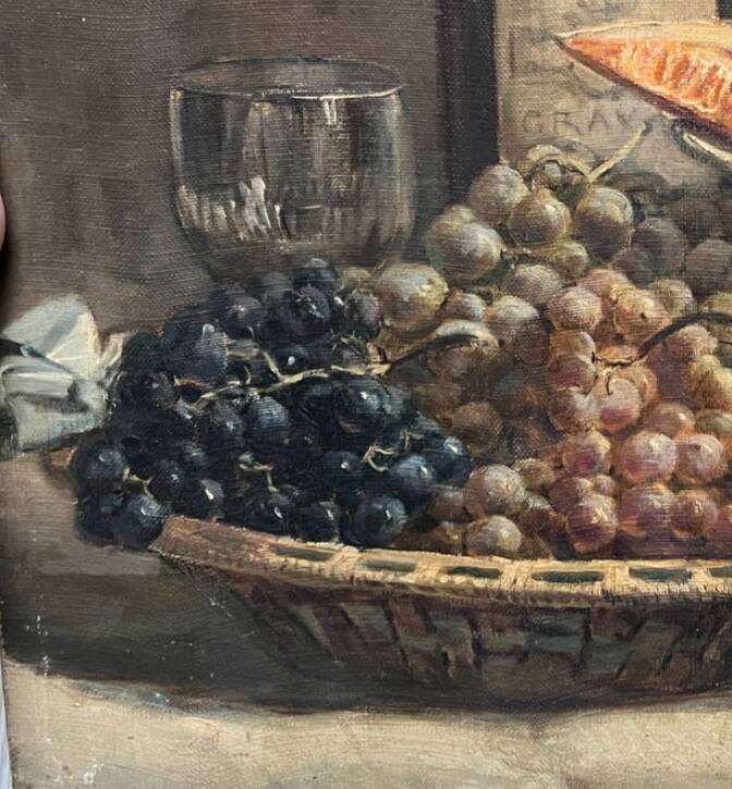 Painting by gaston ploquin (1882-1970) grapes, still life of fruits
