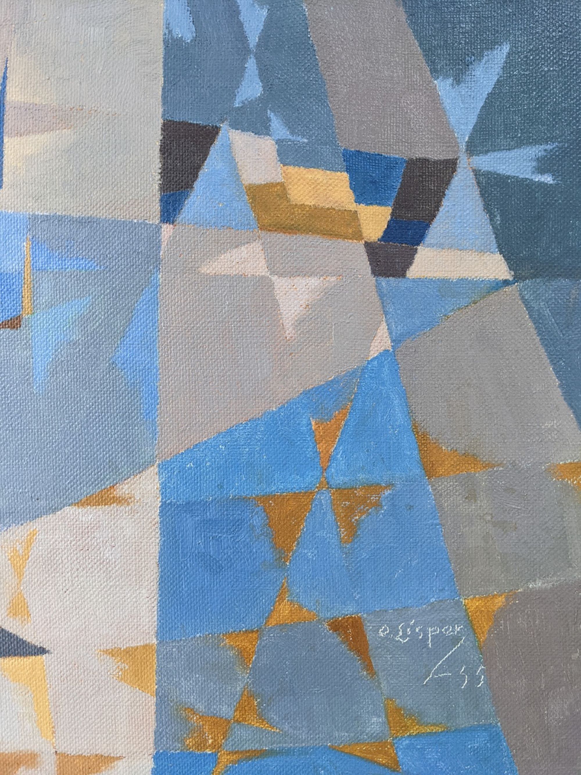 1955 mid-century modern swedish "sea bridge" vintage abstract oil painting, framed