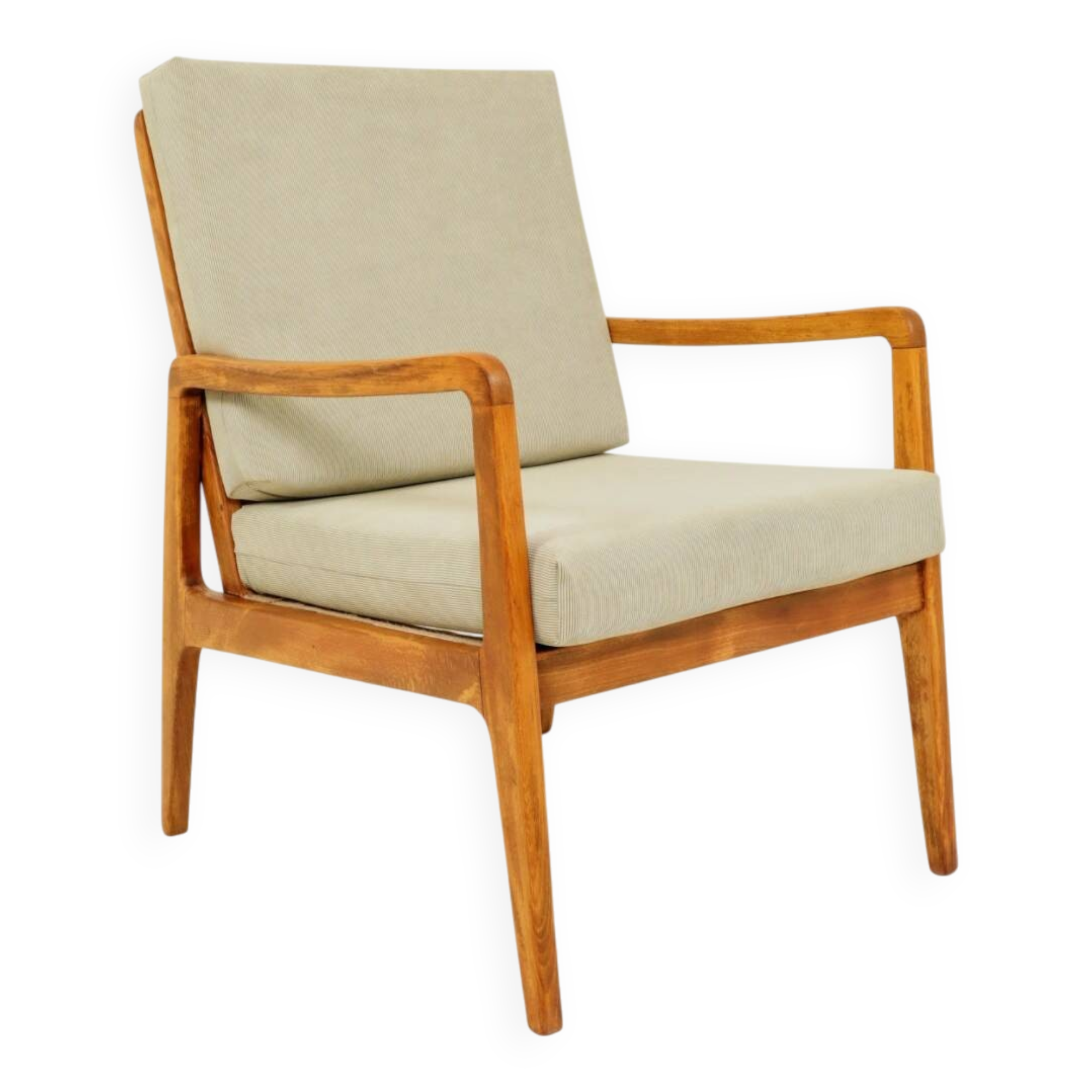 Vintage armchair in khaki corduroy, mid-century modern design from the 1960s.