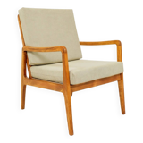 Vintage armchair in khaki corduroy, mid-century modern design from the 1960s.