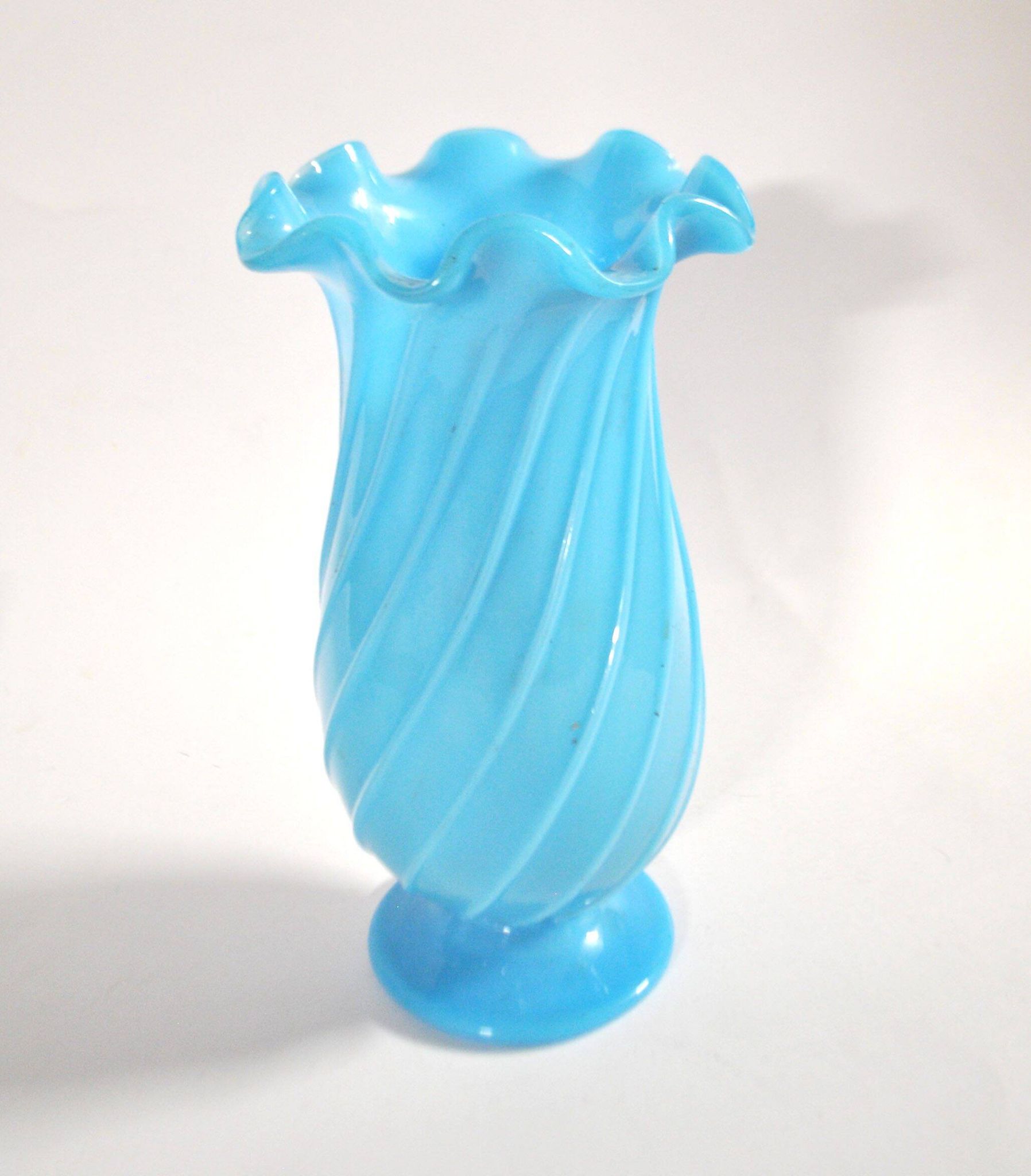 Vallerysthal antique vase in blown turquoise opaline with twisted ribs.