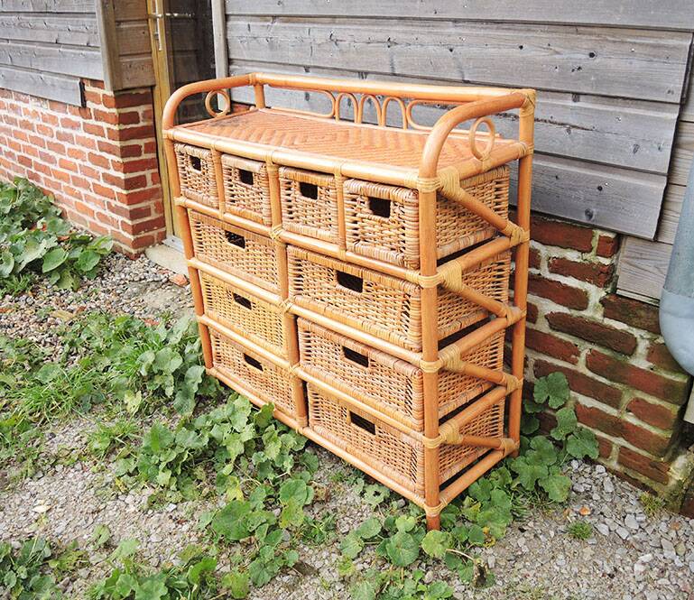 Ancienne Commode en Rotin / Osier Clair 10 Tiroirs