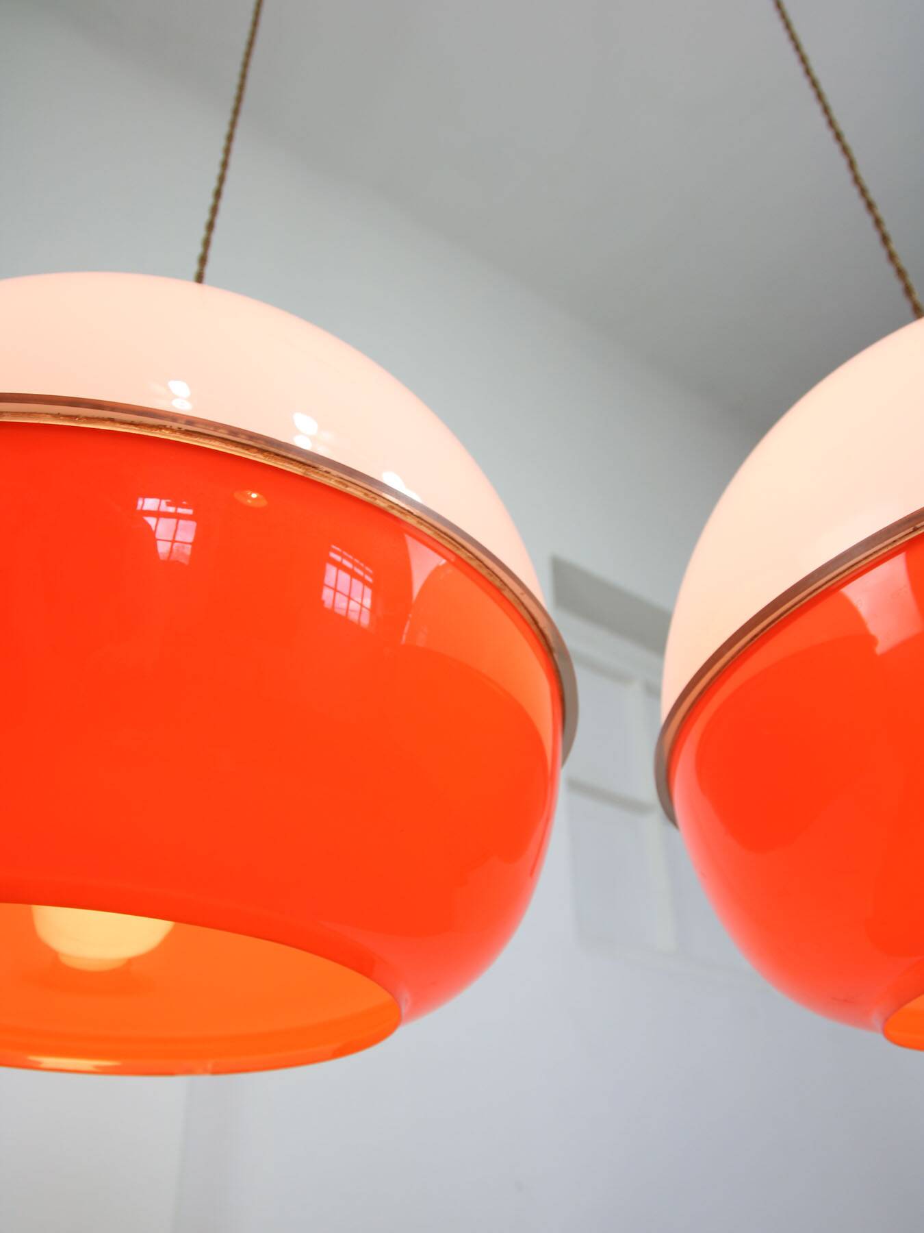 Space Age Italian Orange Plexiglass and Brass Pendant Lamp, 1970s