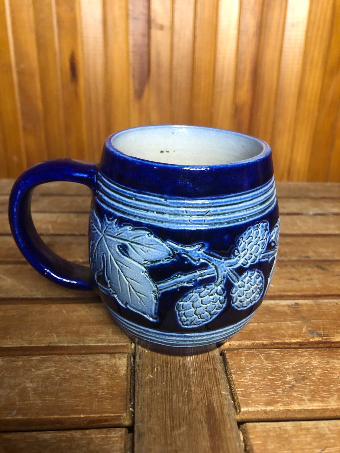 Old BETSCHDORF Tankard Gray Blue Stoneware Vintage Leaves Decor #A603