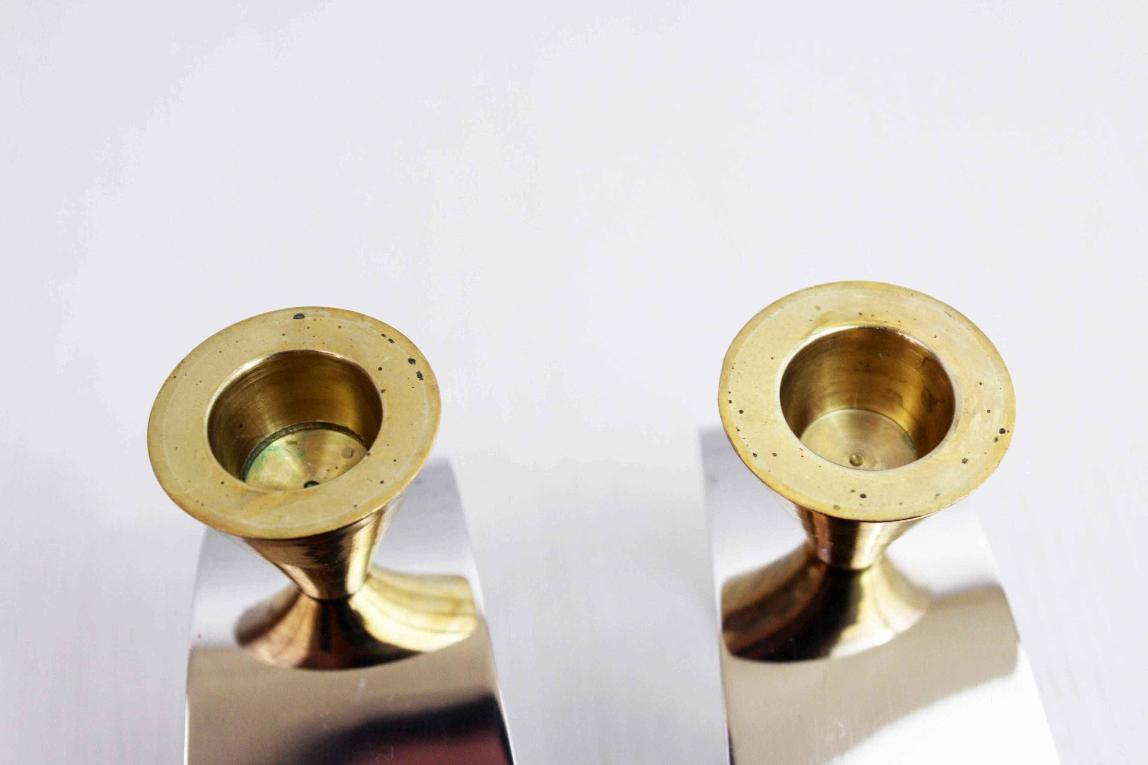 Pair of brass and chrome-plated metal candlesticks