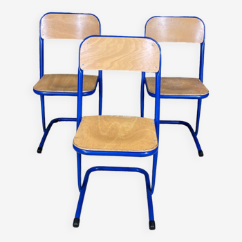 Set of 3 vintage blue steel wood school chairs France