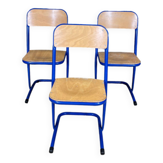 Set of 3 vintage blue steel wood school chairs France
