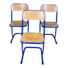 Lot de 3 chaises d’école vintage bois acier bleu France