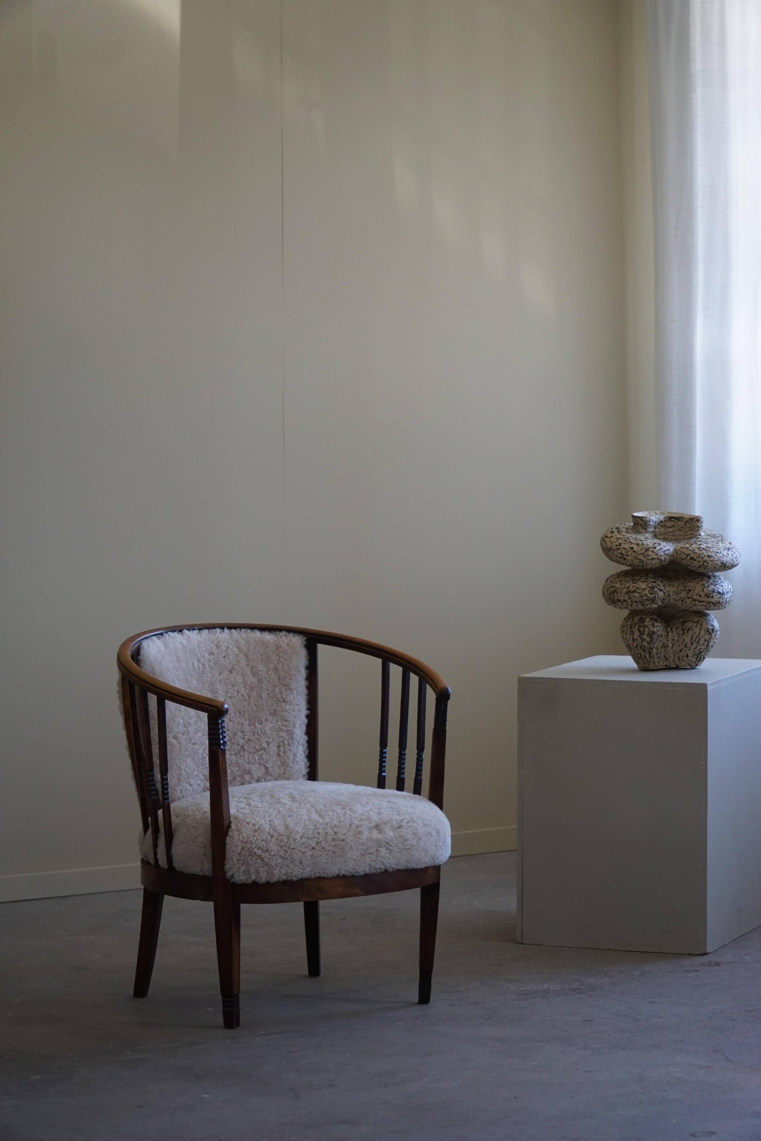Pair of Danish armchairs in beech, reupholstered in lambswool, Art Nouveau, 1900s.