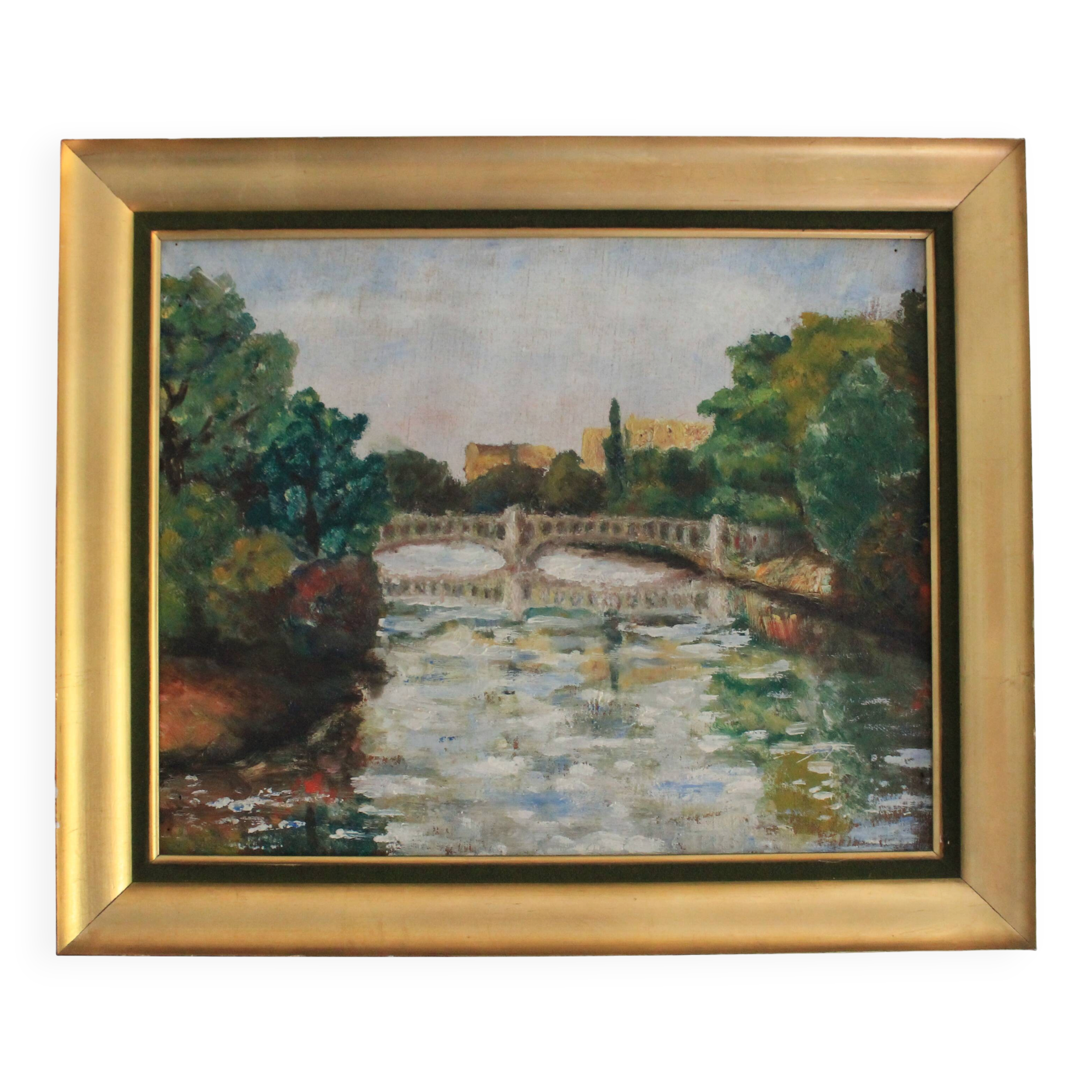 Oil on canvas "Landscape with Bridge" early 20th century