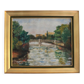 Huile sur toile "Paysage au pont" début XXe siècle