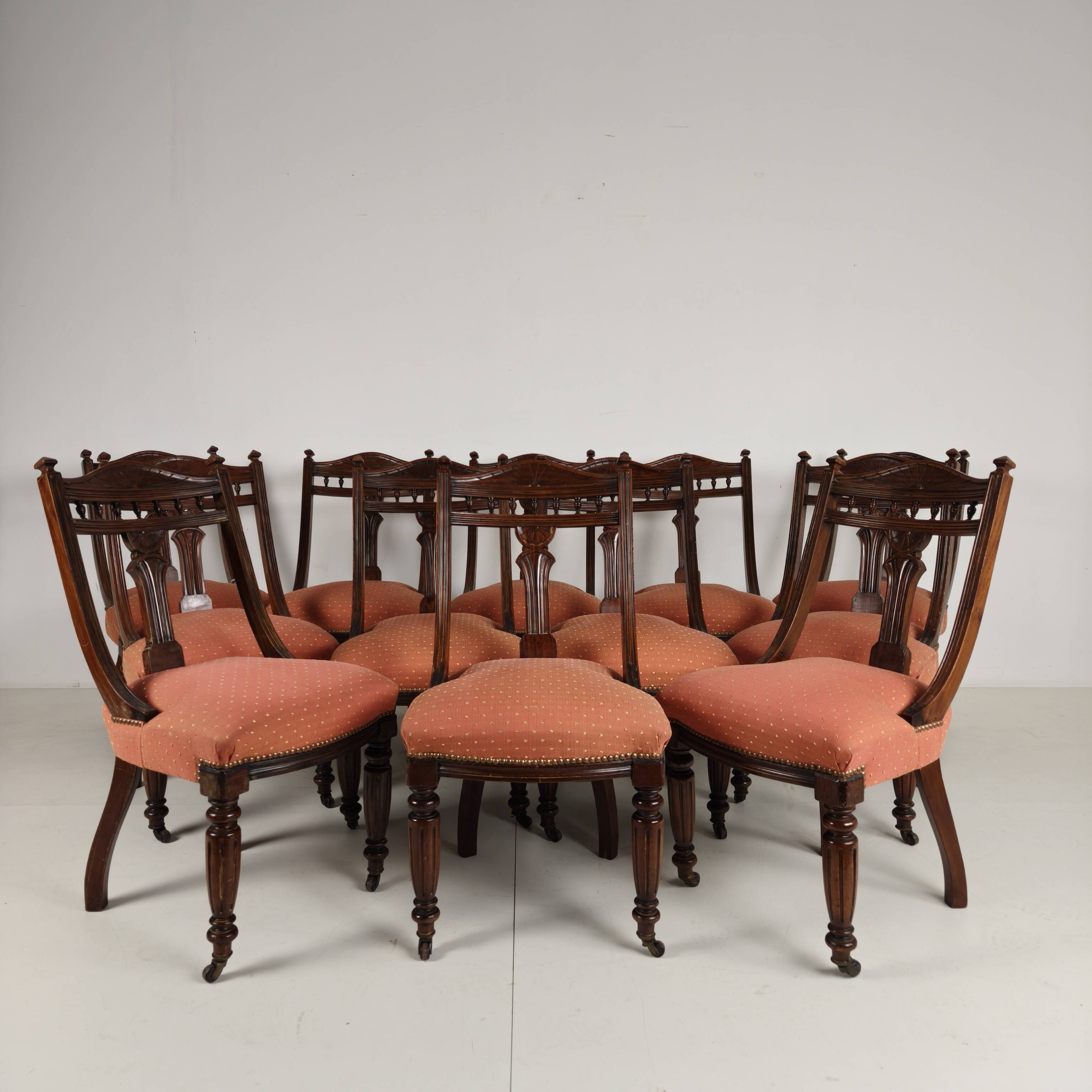 Set of 12 Late Victorian Walnut Dining Chairs with Original Castors