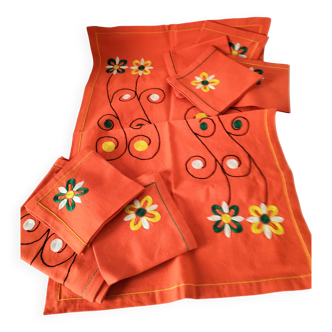 Embroidered table linen set – vintage orange cotton