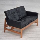 1960s, Danish 2-seater sofa in original condition, furniture leather, solid oak wood.