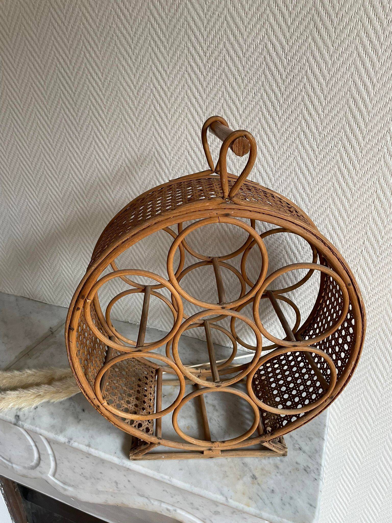 Rattan bottle holder, wood, vintage canework