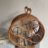 Rattan bottle holder, wood, vintage canework