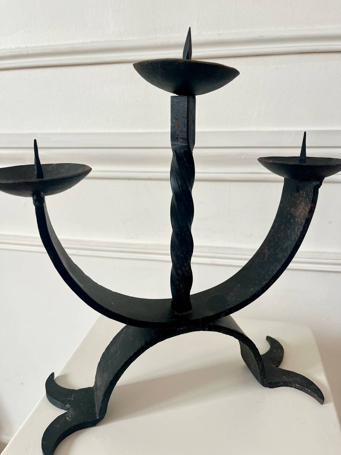 Brutalist wrought iron chandelier with three lights