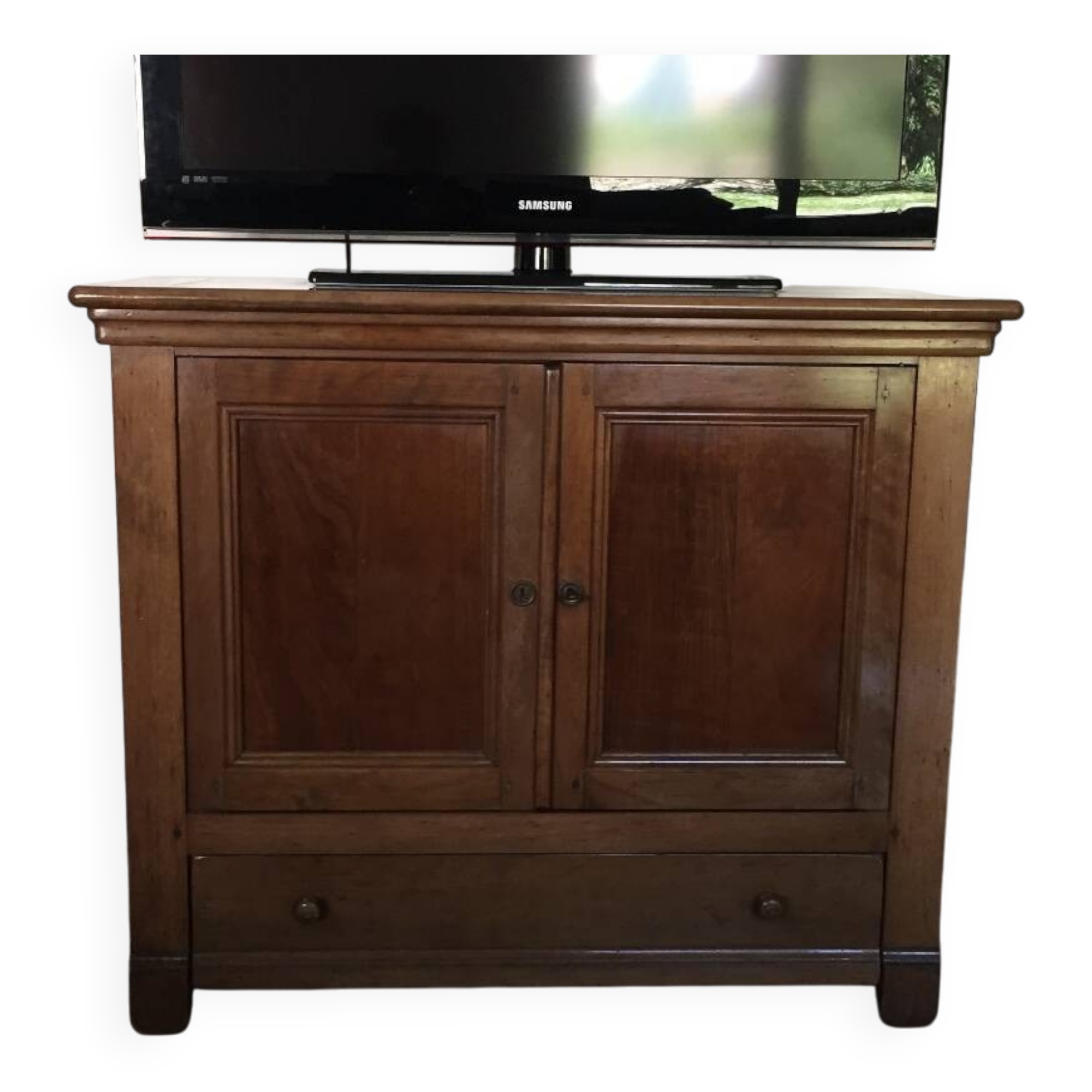 Meuble tv ou bar en merisier avec plateau pivotant