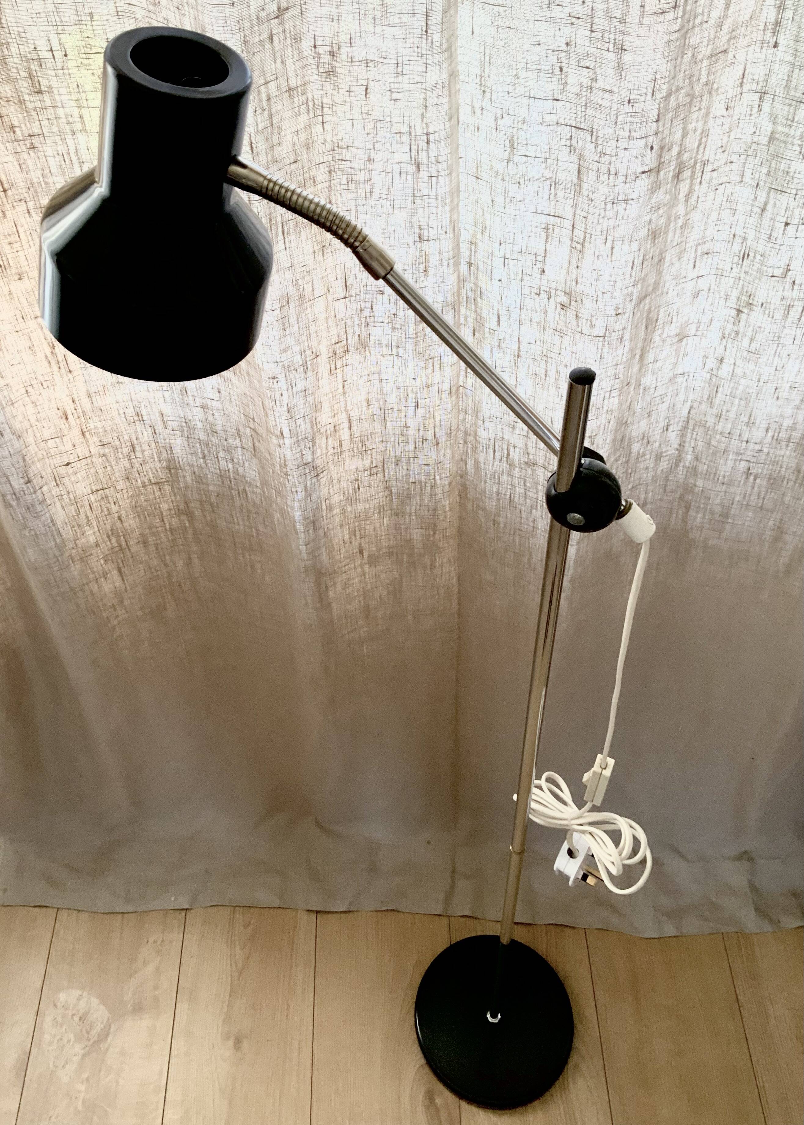 Lampadaire de lecture vintage rétro, noir, acier, Suède, années 1960