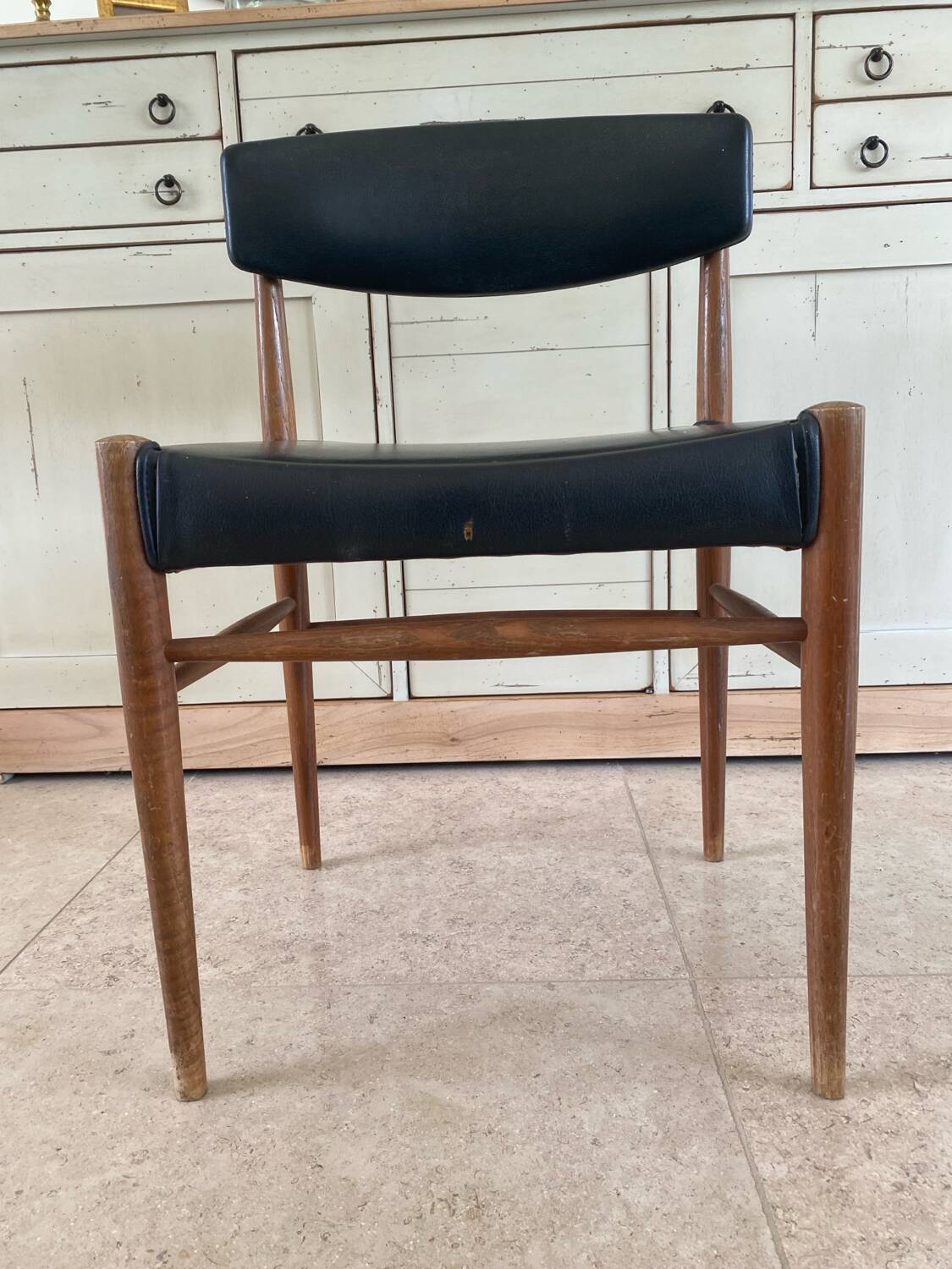Set of Scandinavian chairs in faux leather and wood from the 1960s.